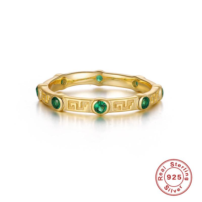 S925纯银INS创意几何绿色纹理镶钻戒指欧美法式风个性穿搭食指戒