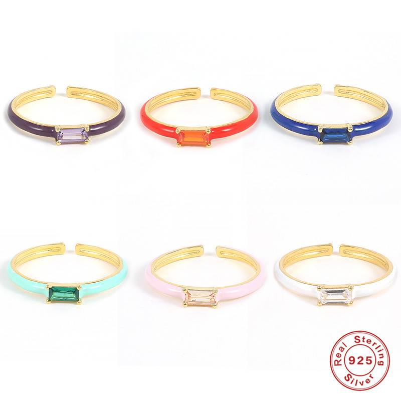 New S925 Sterling Silver Enamel Adjustable Rings Candy Color Dripping Oil Wedding Ring for Women Girls Anillos Fine Jewelry Gift