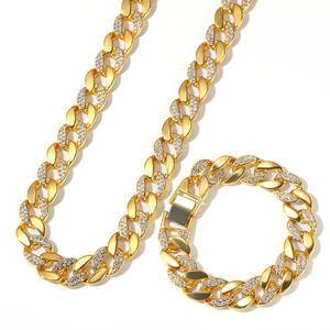   new arrival punk style fashion jewelry Classic Men's Diamond Cuban Chain Alloy Half Diamond Hip Hop Necklace bracelet Set