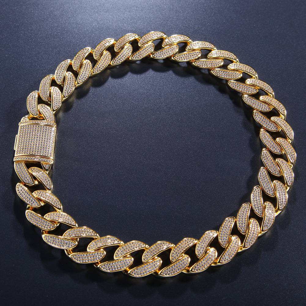   Hot Popular Hip-hop 2CM Mens Big Curb Cuban Chains Iced Out   Micro Pave  Diamond Copper Chain Bracelet
