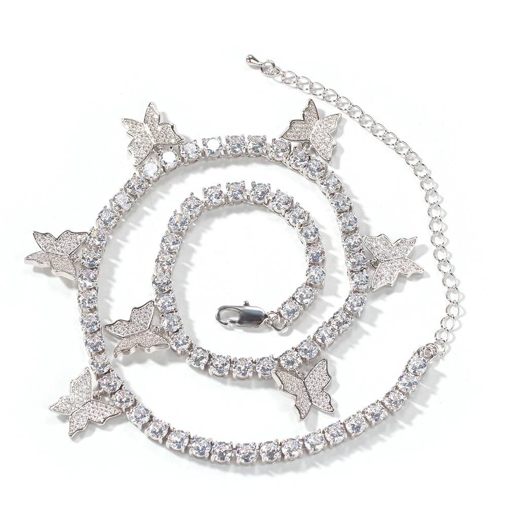 Hip Hop Creative Zircon Tennis Chain Butterfly Necklace, High Quality Fashion  Necklace