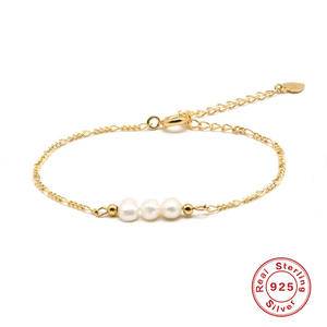 Simple Three Freshwater Pearl Charm Chain Bracelets 18k Gold Plated Adjustable Bracelet 925 Sterling Silver Fashion Fine Jewelry