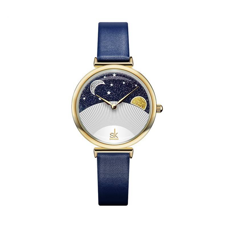   Women Fashion Blue Moon Quartz Watch Lady Leather Watchband High Quality Casual Waterproof Wristwatch Gift 