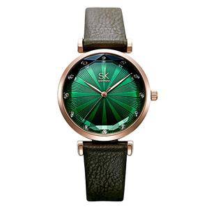  Lady's Wrist Watch Quartz simple diamond lady watch dark green color leather band Watch