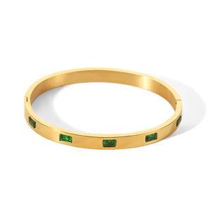 New High Quality 18K Gold Plated Rectangular Green Cubic Zirconia Stainless Steel Bangles Luxury Design For Woman Cuff Bracelets