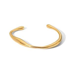 High Quality Women Fashion Simple Water Wave Irregular 18K Gold Plated Stainless Steel Cuff Bracelets Waterproof Opening Bangles