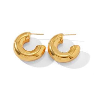 Chubby Stainless Steel Hoop Earring Flat 18k Gold Plated Jewelry Waterproof Chunky Thick Hollow C Circle Stud Earrings For Women