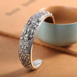 999 Silver Color Retro pixiu Pattern bracelets for Women Men Open Minimalist Style Tai Silver Jewelry Couple Bracelets Present