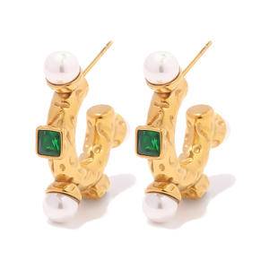 New Wholesale Fashion Waterproof Green Square Zircon 18K Gold Plated Lava Shape Hoop Earring Pearl Surrounded Earrings For Women