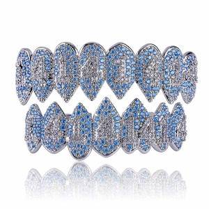 High Quality Hip Hop Full Blue CZ Teeth Grillz Cubic Zircon Iced Out Micro Pave Top Bottom Charm Grills Men Women Bling Jewelry
