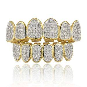 New Hip Hop Full CZ Teeth Grillz Bling Iced Out Cubic Zircon Micro Pave Top Bottom Charm Grills Set For Men Women Jewelry Gifts