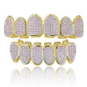 New High Quality Iced Out Twinkling Hip Hop Grills Teeth Grillz Pink CZ Cubic Zircon Brass Grillz For Teeth Women Bling Jewelry