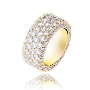 High Quality Hip Hop Luxury Fashion Jewelry Rings Full Three Rows Cubic Zircon Gold Plated Charm Jewelry Male Women Finger Rings