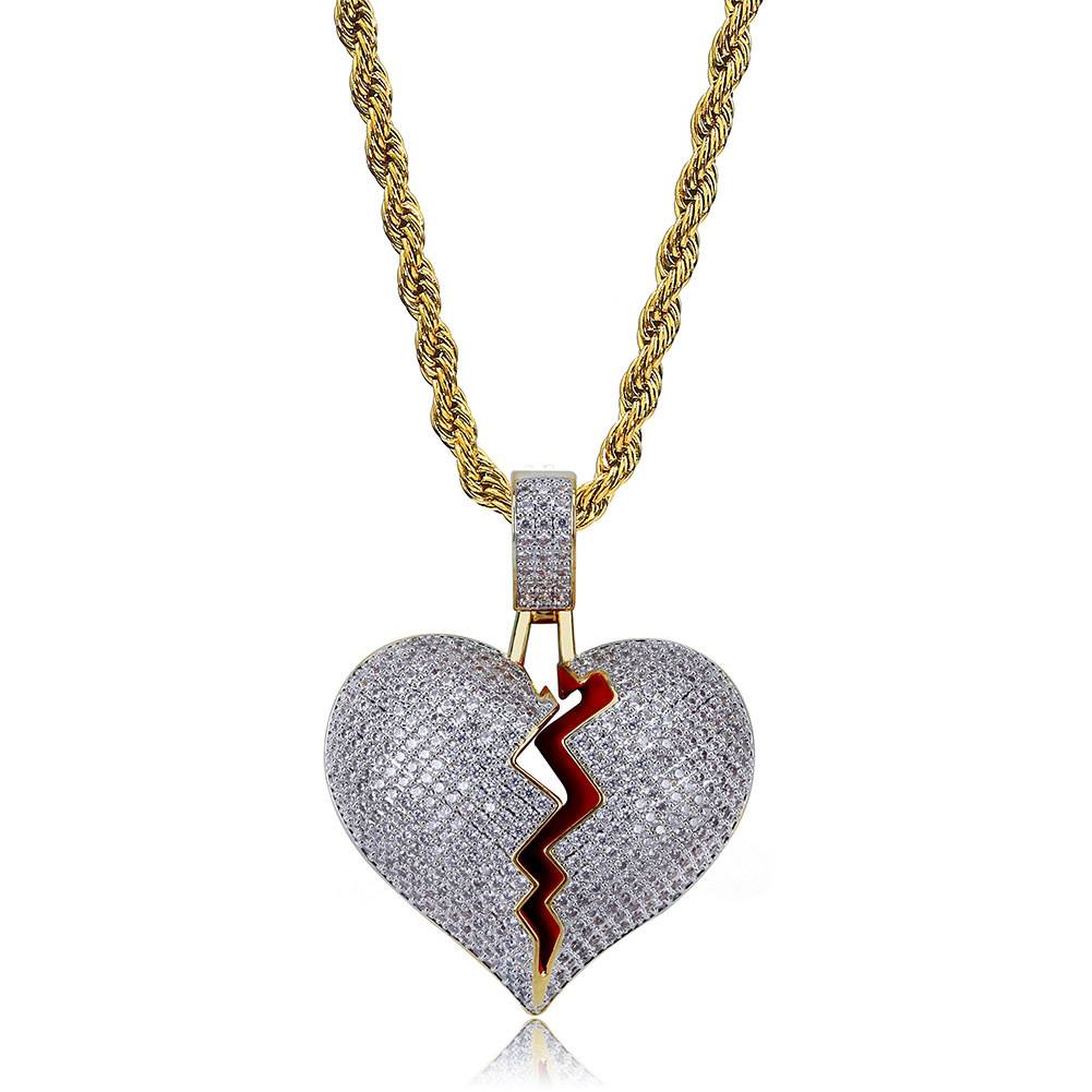 New Broken Heart Pendant Necklaces Women Men Hip Hop Fashion Jewelry Pendants Charms Bling Iced Out CZ Zircon Statement Necklace