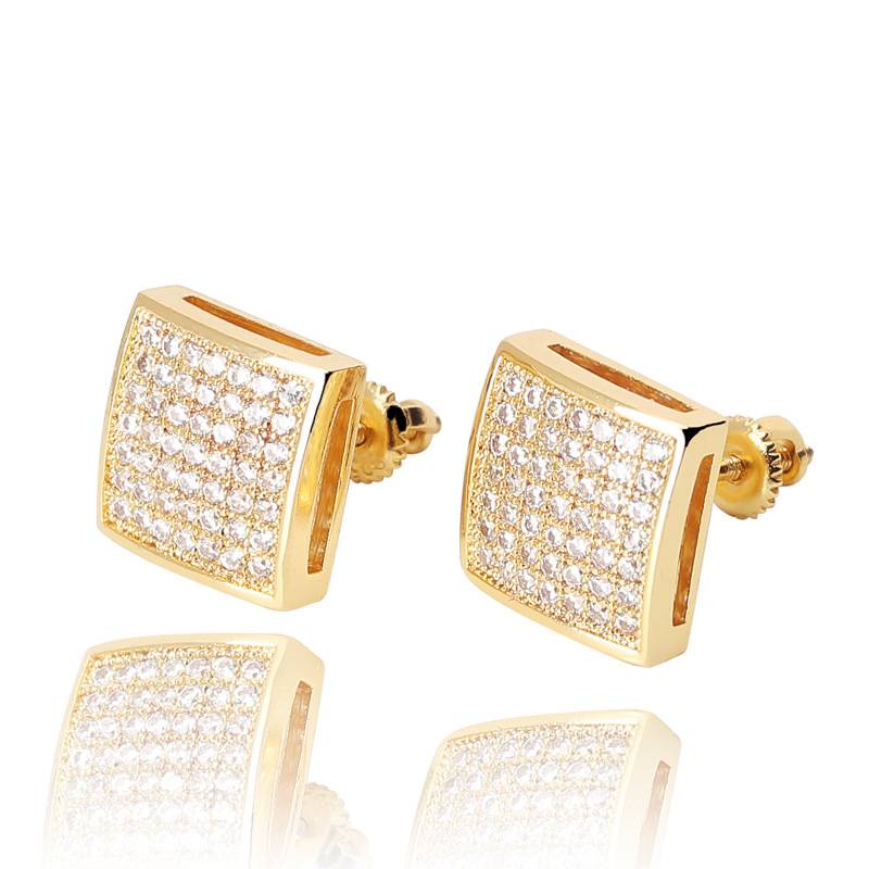 Luxury Gold Plated Iced Out Bling Earring Micro Pave CZ Zircon Lab Stud Earrings Men Screw Back Hip Hop Fashion Jewelry Earrings