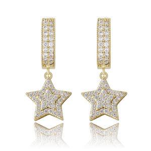 Luxury Trend Gold Plated Iced Out Zircon Hip Hop Five-Pointed Star Hoop Drop Earrings for Women Fashion Jewelry Earrings Charms