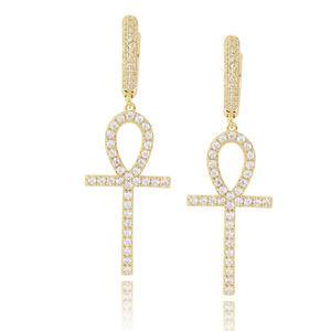New Iced Out Hip Hop Ankh Earring Gold Plated Bling Micro Pave Cubic Zirconia Cross Drop Earrings Women Fashion Jewelry Earrings