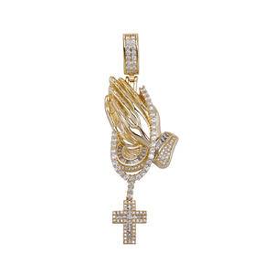 New Cubic Zirconia Iced Out Bling Praying Hands Cross Pendants Necklaces CZ Hand Of Prayer Charm Fashion Jewelry Pendants Charms