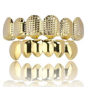 Bling Bling Gold Plated Hip Hop Ice Out Grills Teeth Grillz For Teeth Top Bottom Set Men Women Vampire Teeth Grillz Best Jewelry
