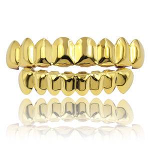 New HipHop Gold Color Teeth Grills Set Men Women Dental Jewelry Top Bottom Tooth Mouth Vampire Teeth Grillz Cosplay Party Rapper