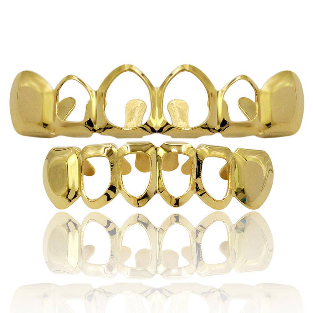 New Hip Hop Brass Gold Plated Teeth Grillz for teeth Fashion Top Bottom Hollow Tooth Dental Grills For Unisex Jewelry Party Gift