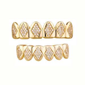 Iced Out Hip Hop Square Design Teeth Grillz Set Unisex Top Bottom Mouth Grillz Teeth Grills Bling Bling Shiny CZ Fashion Jewelry