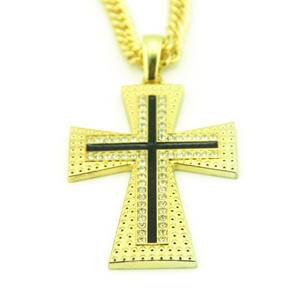 Bling Hip Hop Alloy Rap Necklace With Black Cross In The Middle With Crystal Nightclub Gold Color Cross Pendant Necklace Jewelry