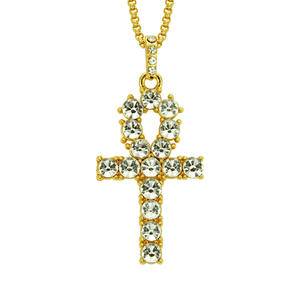 Iced Out Fashion Hip Hop Alloy Rhinestone Egyptian Ankh Pendant Necklaces Gold Plate Egypt Ankh Key Allah Ankh Necklace Jewelry