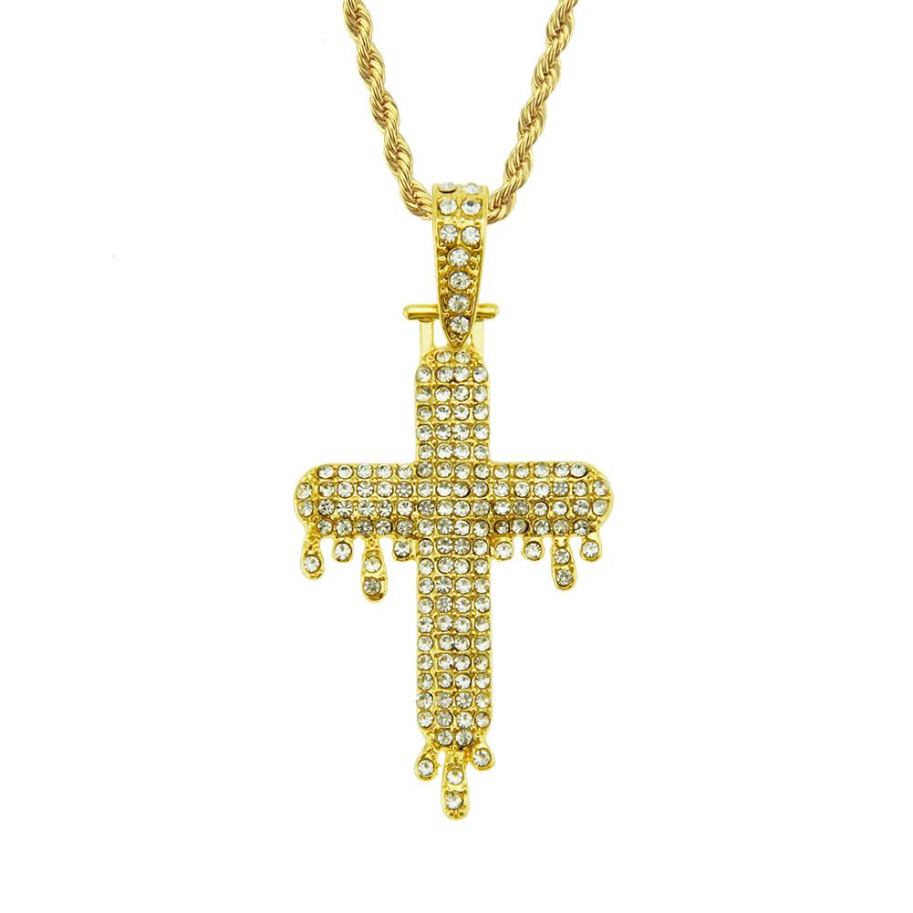 Hip Hop Alloy Trendy Water Drop Cross Necklace Crystal Rhinestone Pendant Unisex Christian Jesus Cross Pendant Necklace Jewelry