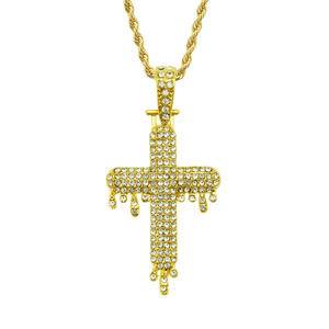 Hip Hop Alloy Trendy Water Drop Cross Necklace Crystal Rhinestone Pendant Unisex Christian Jesus Cross Pendant Necklace Jewelry
