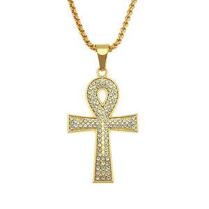 Egyptian Ankh Necklace Crystal Alloy Gold Plated Jewelry Hip Hop Rhinestone Ankh Pendant Necklace Jewelry For Sweater Necklaces