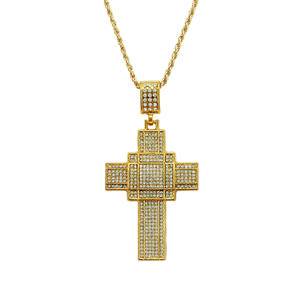 New Iced Out Full Rhinestone Layered Zinc Alloy Gold Plated Crystal Cross Pendant Christian Jesus Cross Pendant Necklace Jewelry