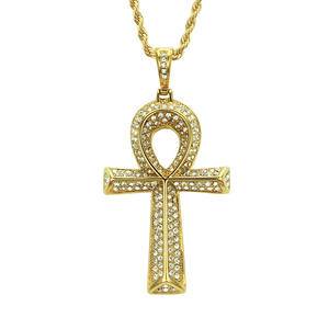 Wholesale Hip Hop Zinc Alloy Gold Plated Iced Out Rhinestone Full Crystal Ankh Necklaces Egyptian Ankh Pendant Necklace Jewelry
