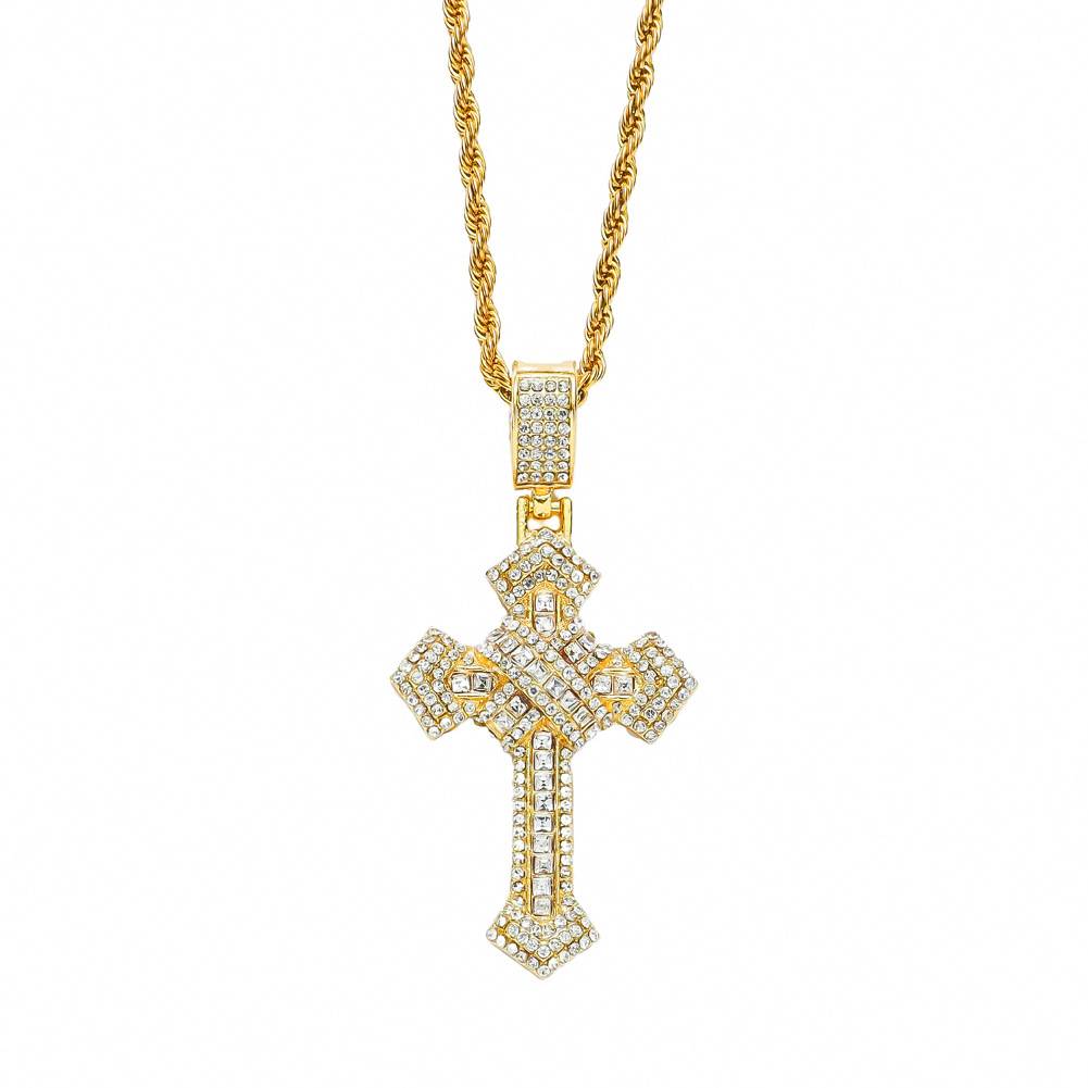 Hip Hop Zinc Alloy Gold Plated Crystal Rhinestone Christian Jesus Cross Pendant Necklace Personality Nightclub Hipster Pendants
