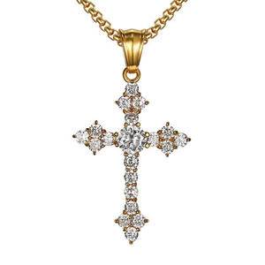 2023 New Stainless Steel Fashion Necklace 14k Gold Plated Jesus Cross Pendant Necklace With Crystal Hip Hop Men Necklace Jewelry
