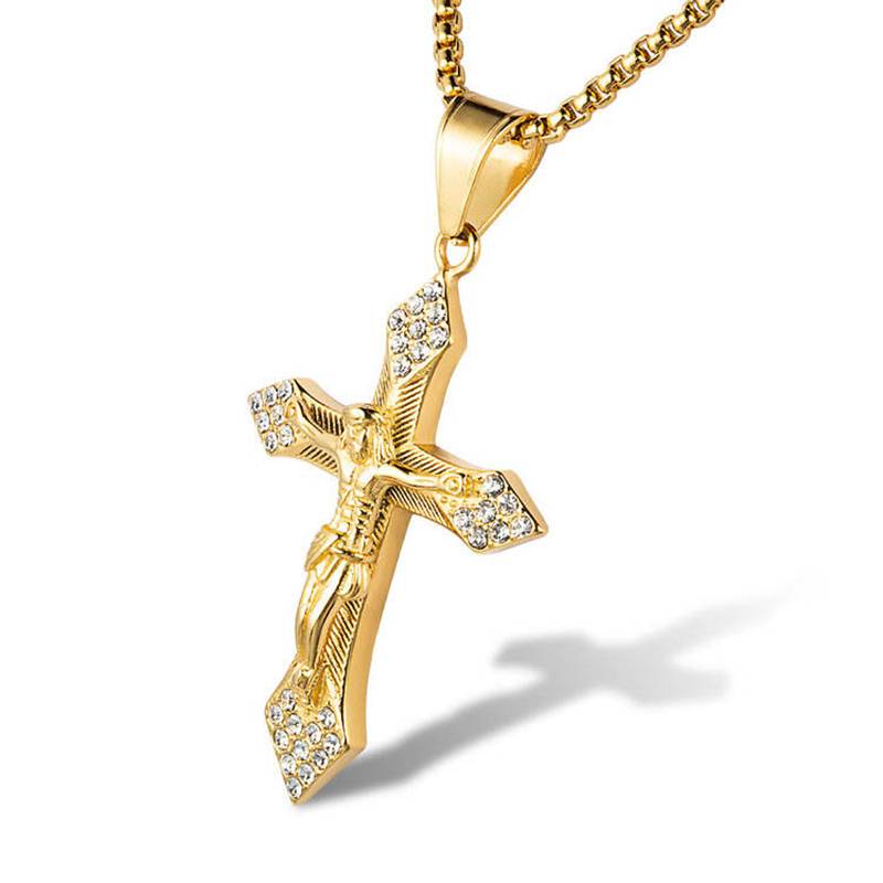 欧美跨境嘻哈hiphop饰品 钛钢镀金镶钻Jesus十字架吊坠