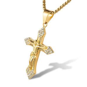 HipHop Catholicism Jewelry Stainless Steel Gold Plated Christ Crucifix Rhinestone Christian Jesus Cross Pendant Necklace Jewelry