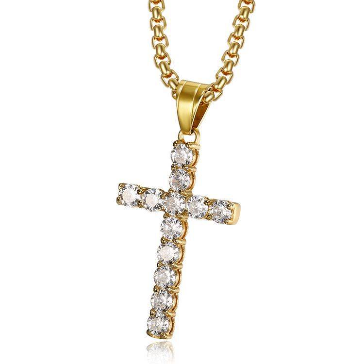 欧美跨境嘻哈热卖钛钢保色真空镀金镶嵌锆石十字架吊坠项链