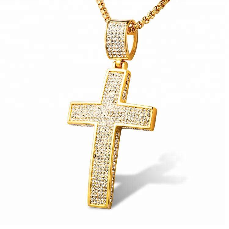 欧美外贸饰品 钛钢镀金镶钻十字架项链 嘻哈hiphop不锈钢吊坠