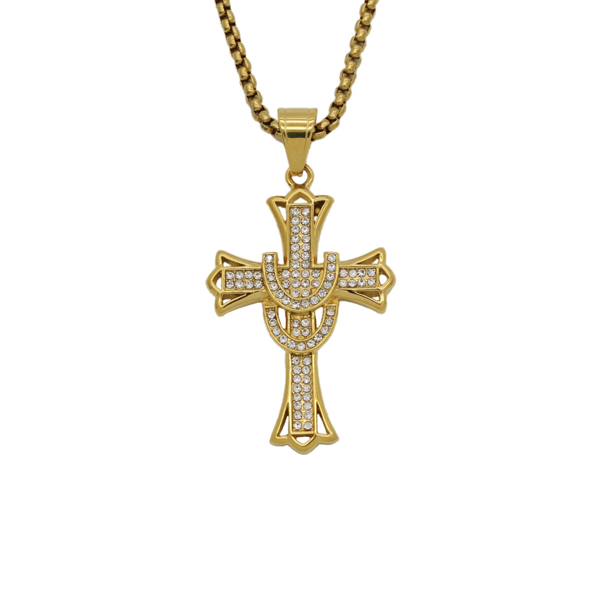Iced Out Cross Crystal Pendant Stainless Steel Gold Plated Charm Necklace Hip Hop Christian Jesus Cross Pendant Necklace Jewelry