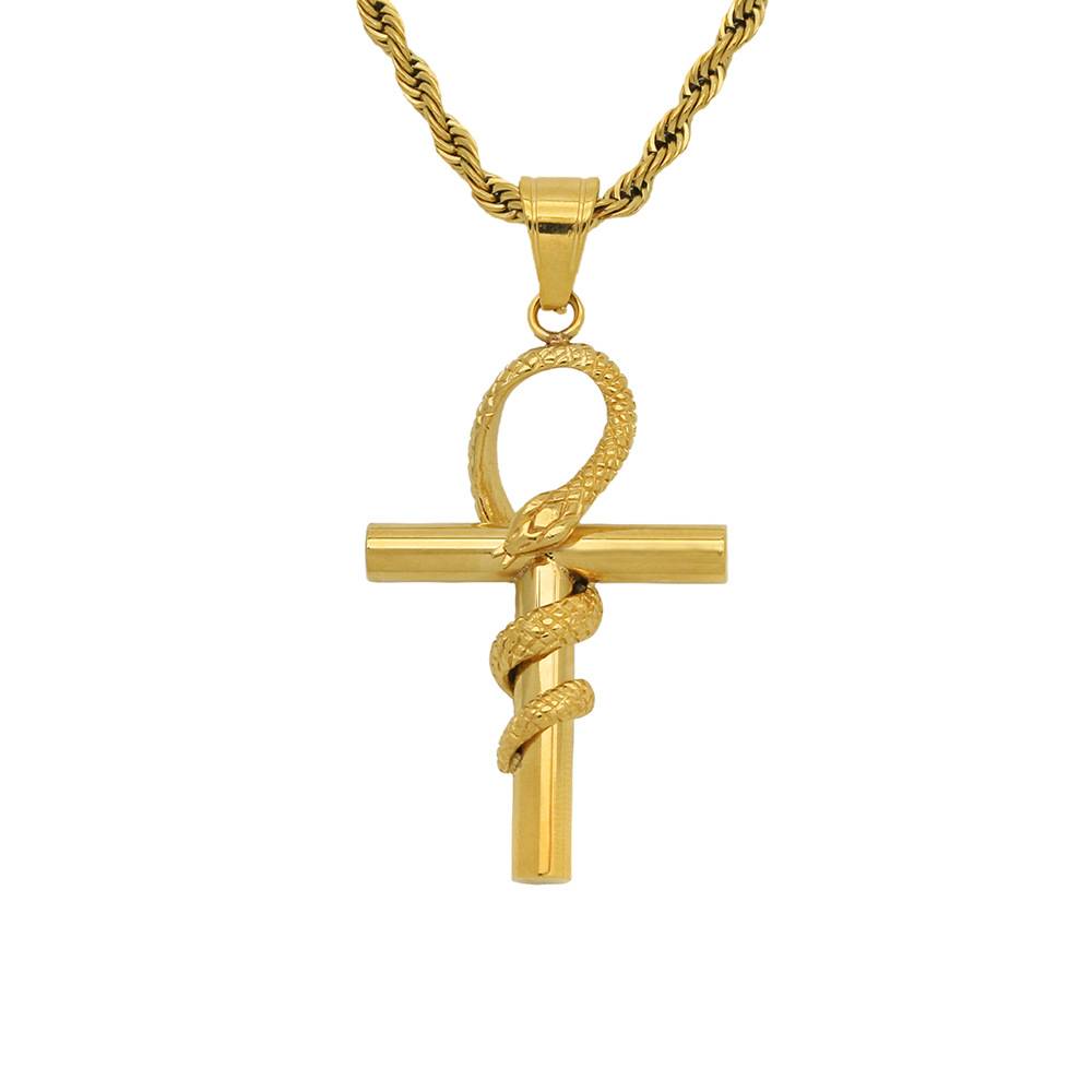 New Wholesale Stainless Steel Gold Plated Crystal Jewelry Personality Animal Totem Cross Pendant Necklace Ankh Necklace Jewelry