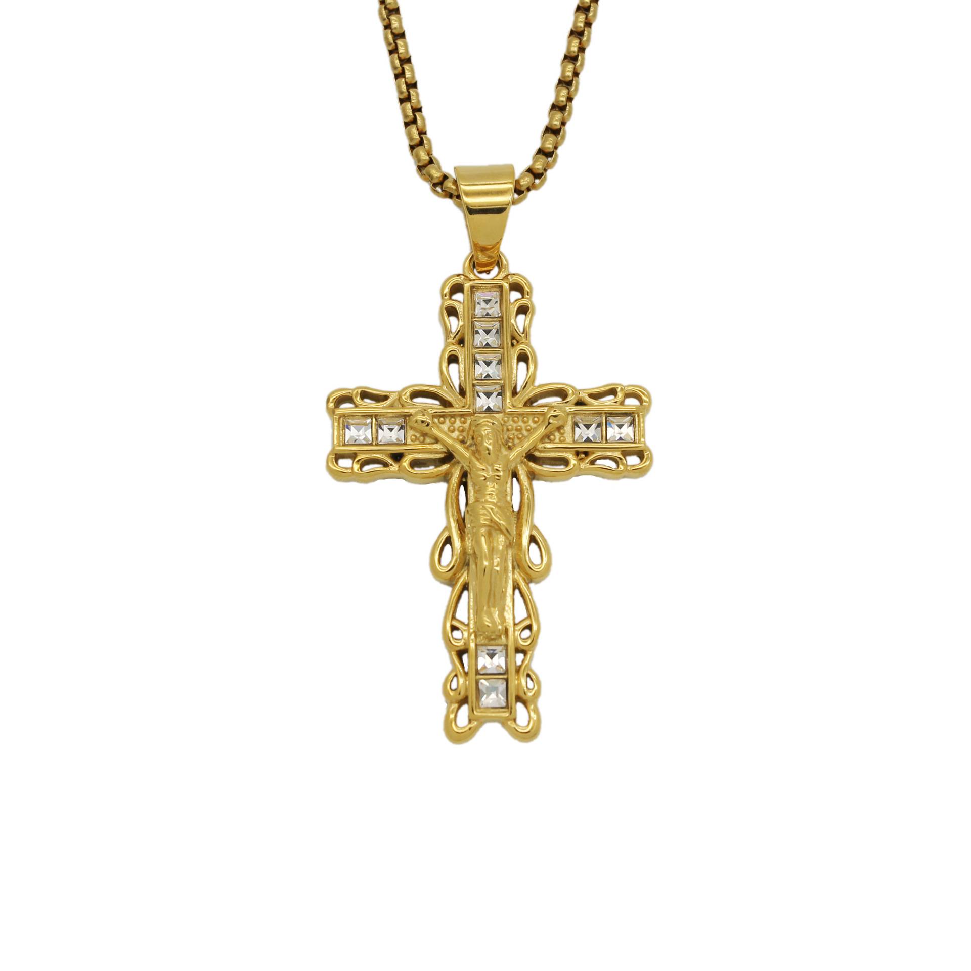 2023 Fashion Quality Stainless Steel Jesus Cross Pendant Necklaces Crystal Rhinestone Religion Jewelry Men Women Necklace Gifts