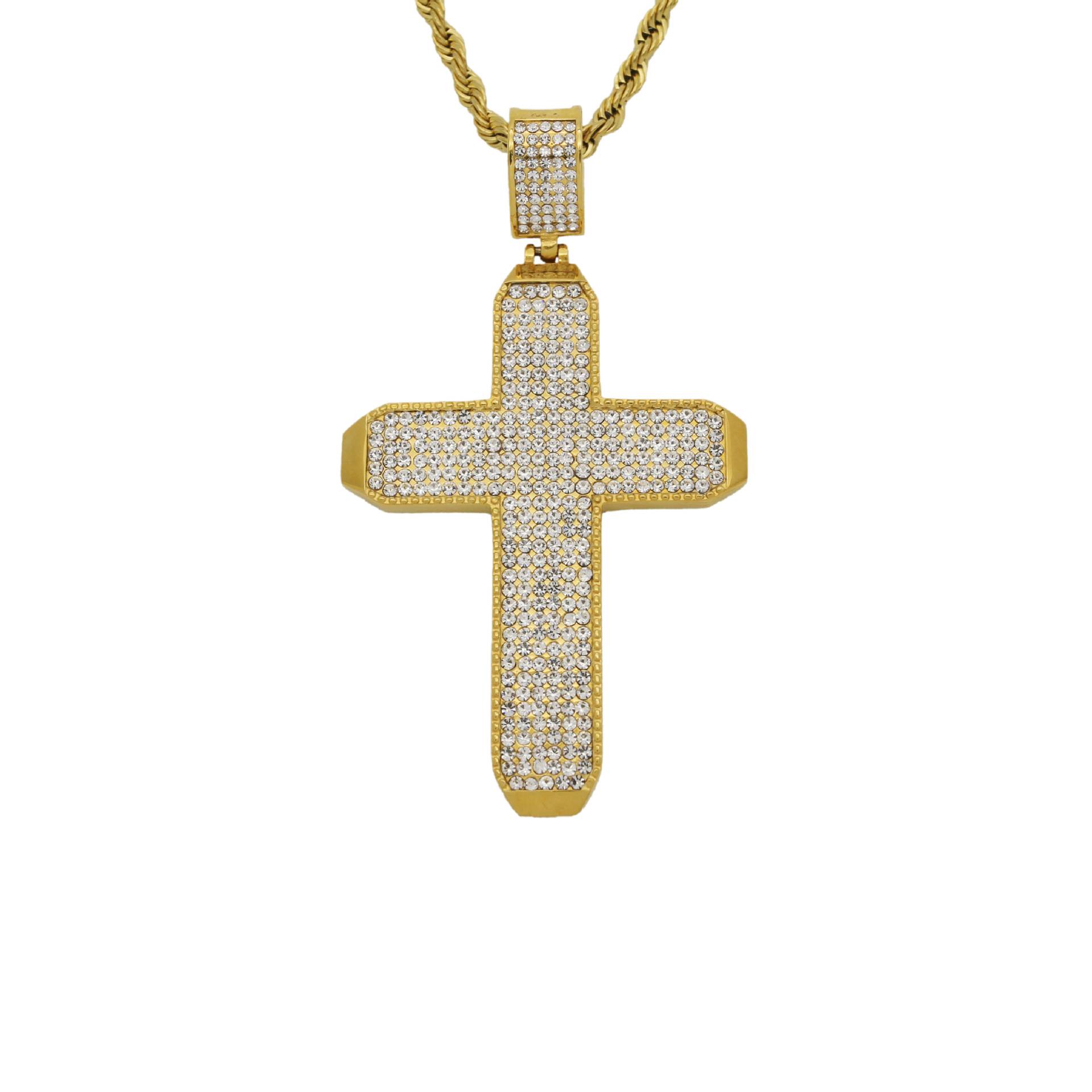 New Vintage Rhinestone Cross Necklace Jewelry Stainless Steel Gold Plated Crystal Christian Jesus Cross Pendant Necklace Jewelry