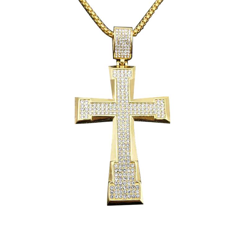 欧美跨境新款嘻哈hiphop饰品 钛钢镀金镶钻大十字架吊坠项链