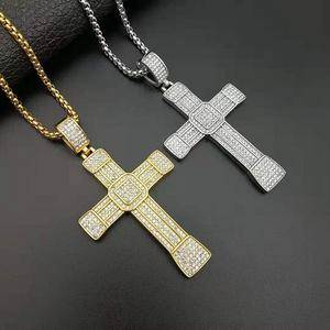 New Wholesale High Quality Hip Hop Stainless Steel Gold Plated Christian Jesus Cross Pendant Necklace Crystal Jewelry For Unisex