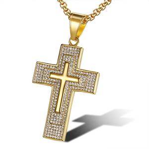 High Quality Fashion Hiphop Stainless Steel Cross Necklace Gold Plated Rhinestone Christian Jesus Cross Pendant Necklace Jewelry