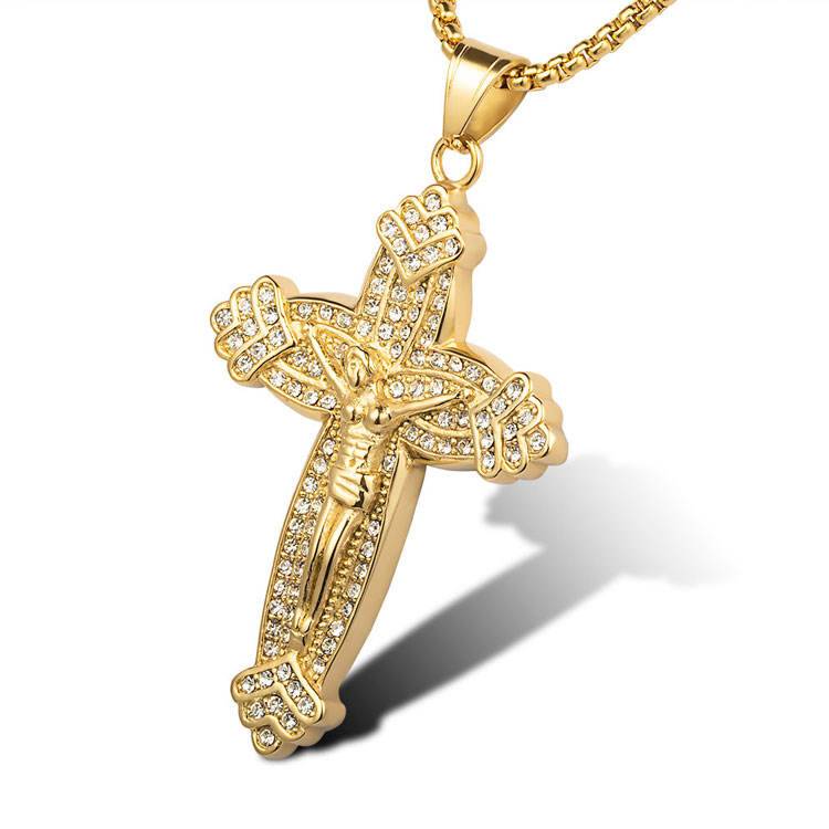欧美外贸饰品 钛钢镀金镶钻Jesus十字架项链 嘻哈hiphop不锈钢吊坠