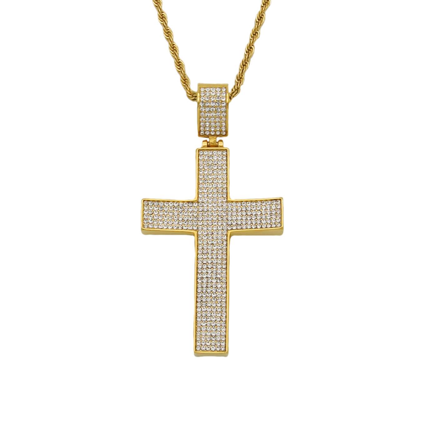 欧美外贸新款十字架 316不锈钢镀金满钻翘边十字架吊坠项链