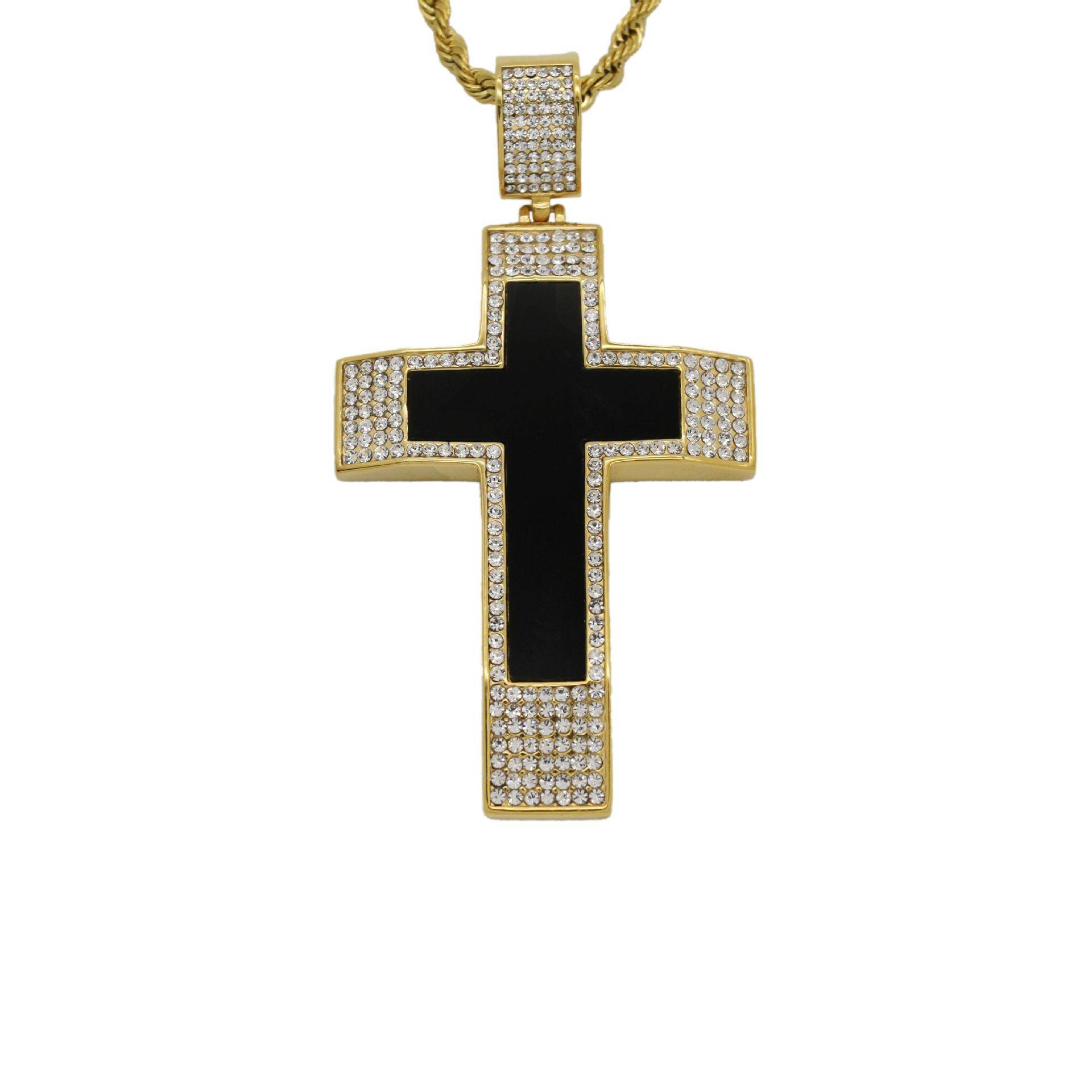 欧美外贸饰品 钛钢镀金镶钻特色十字架项链 hiphop不锈钢吊坠