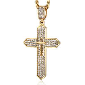 New High Quality Cut Design Hiphop Gold Plated Stainless Steel Rhinestone Crystal Christian Jesus Cross Pendant Necklace Jewelry